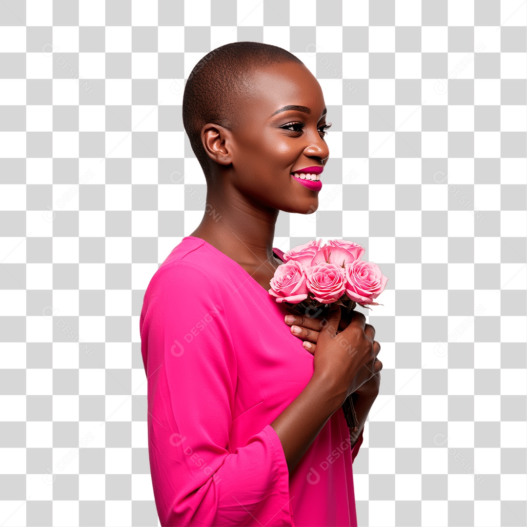 Mulher Negra com Roupa Rosa Conscientização de Outubro Rosa PNG Transparente