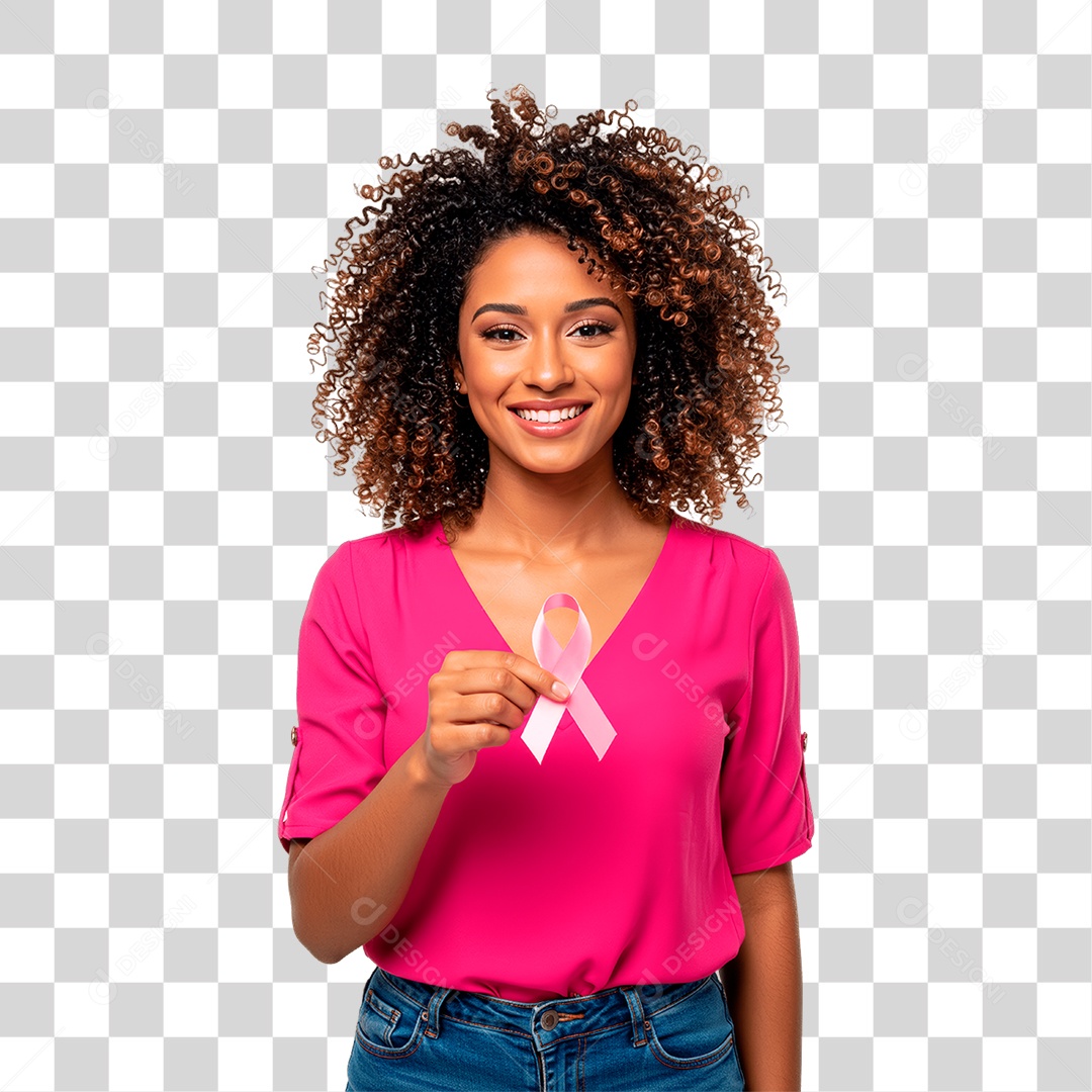 Mulher Negra com Roupa Rosa Conscientização de Outubro Rosa PNG Transparente
