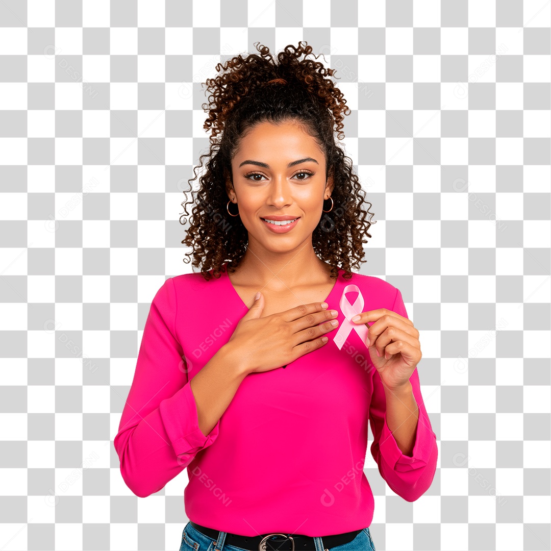 Mulher com Fita Rosa Conscientização de Outubro Rosa PNG Transparente