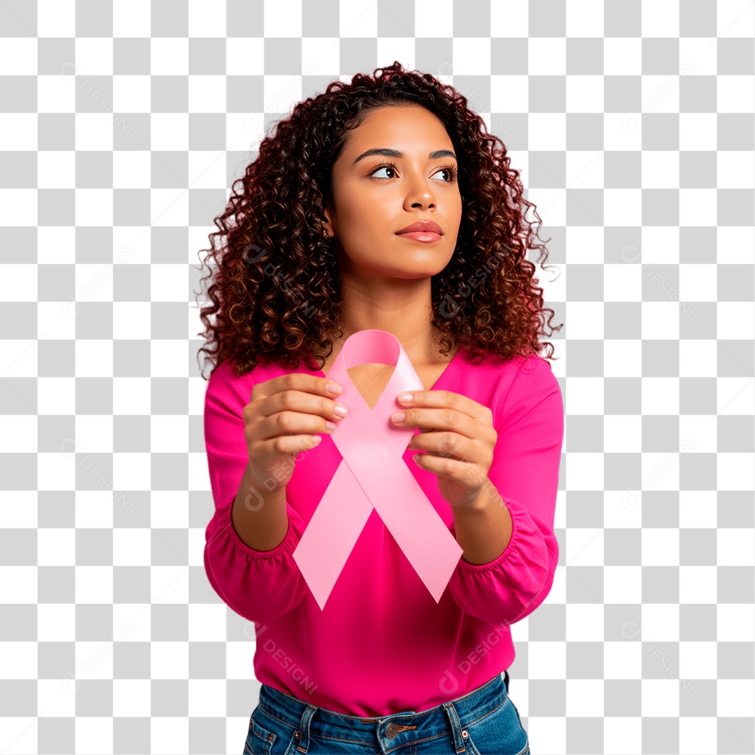 Mulher com Fita Rosa Conscientização de Outubro Rosa PNG Transparente
