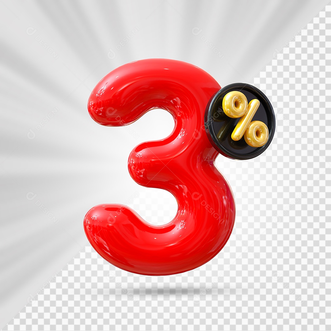 Elemento 3D Número 3% Vermelho Para Composição PSD