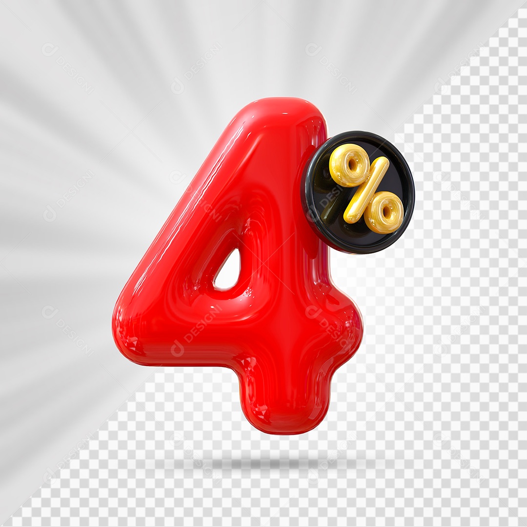 Elemento 3D Número 4% Vermelho Para Composição PSD