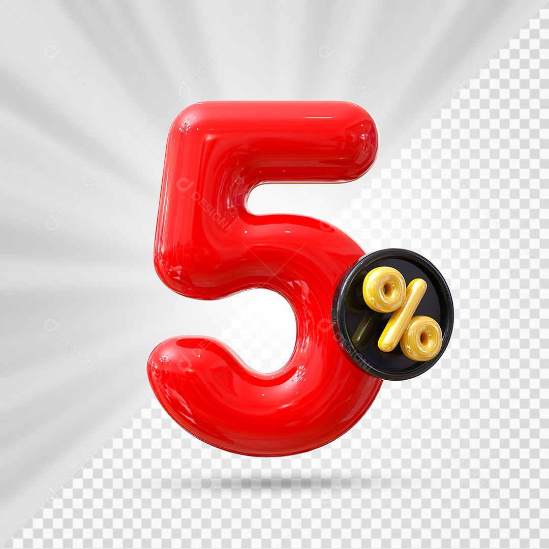 Elemento 3D Número 5% Vermelho Para Composição PSD