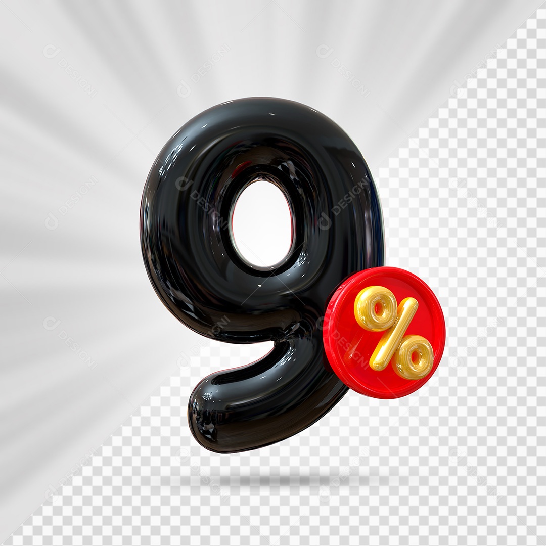Elemento 3D Número 9% Preto Para Composição PSD