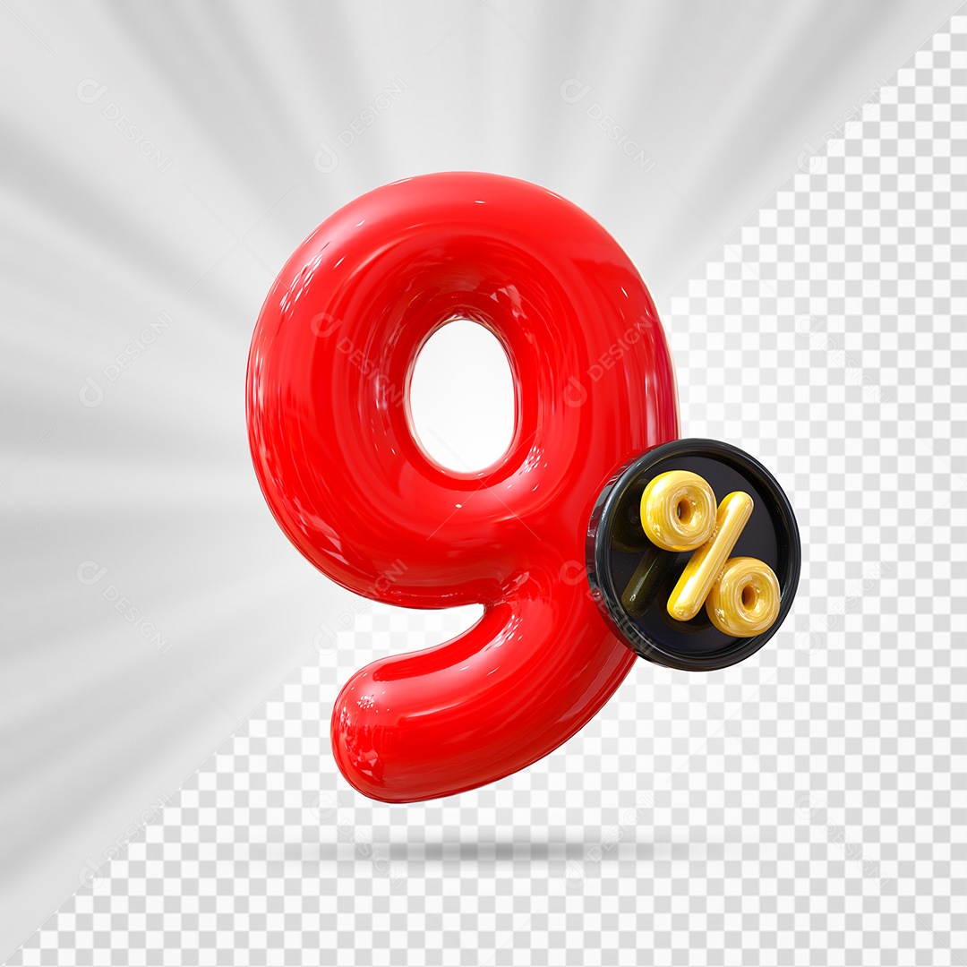 Elemento 3D Número 9% Vermelho Para Composição PSD