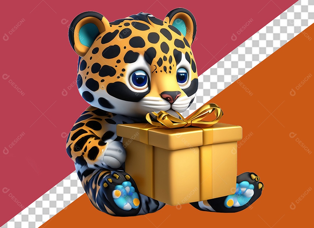 Onça Segurando Caixa de Presente Personagem 3D para Composição PSD