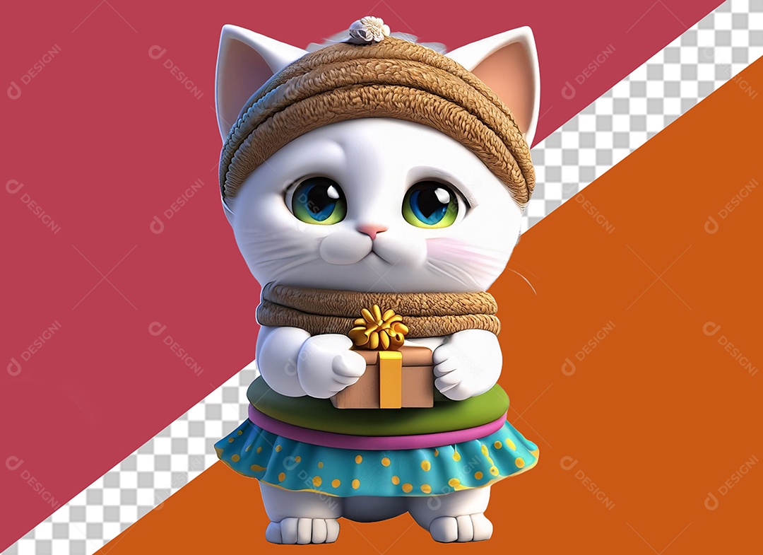 Gatinha Segurando Caixa de Presente Personagem 3DPara Composição PSD