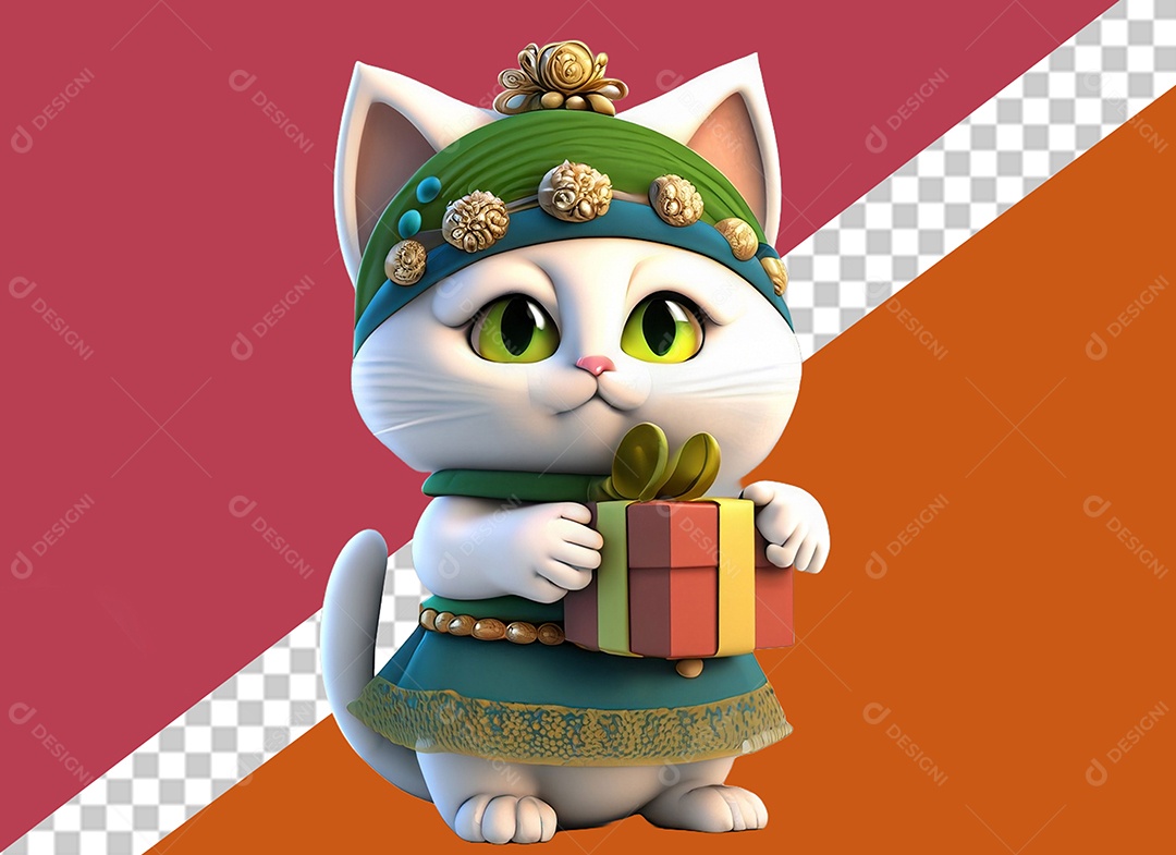 Onça Segurando Caixa de Presente Personagem 3D para Composição PSD