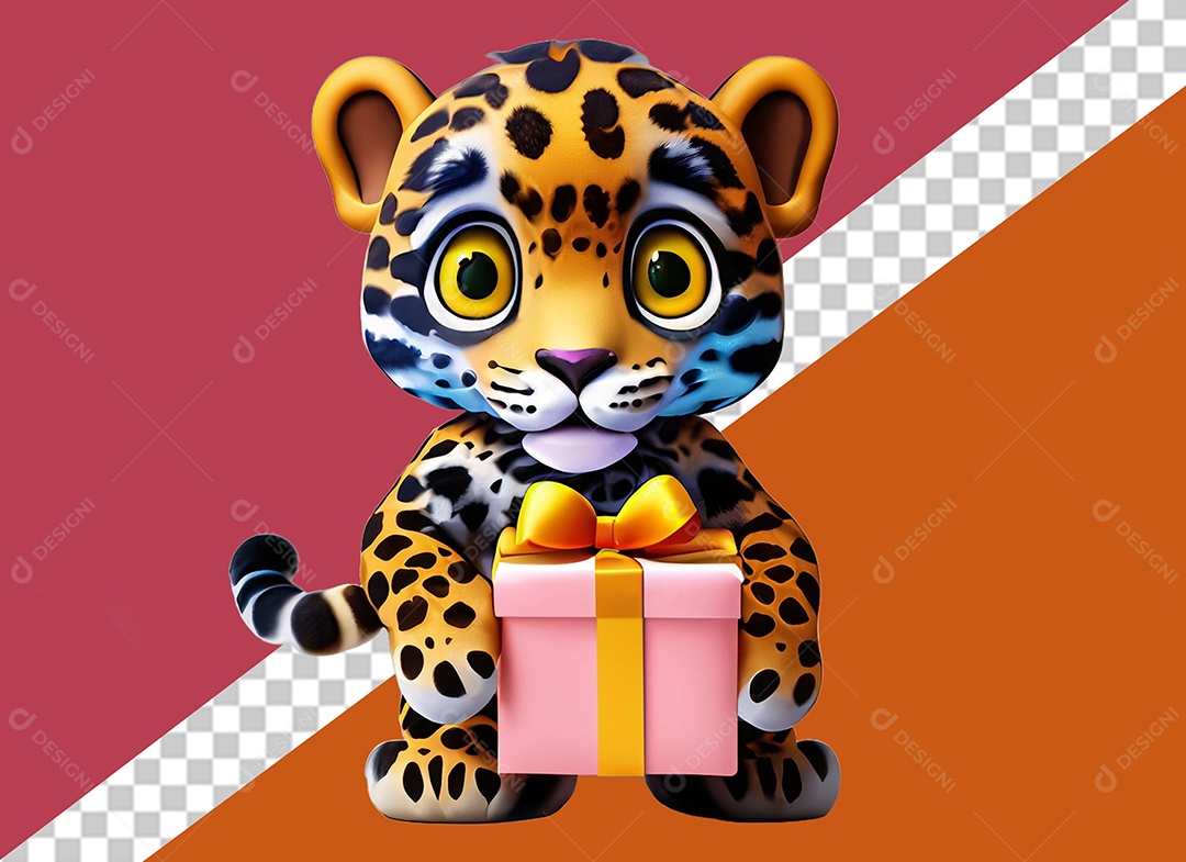 Onça Segurando Caixa de Presente Personagem 3D para Composição PSD