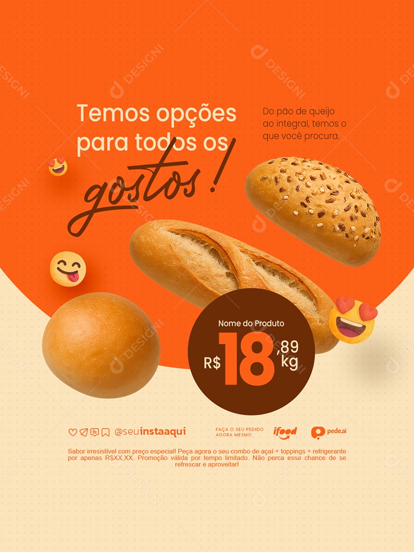 Padaria Temos Opções para Todos os Gostos Social Media PSD Editável