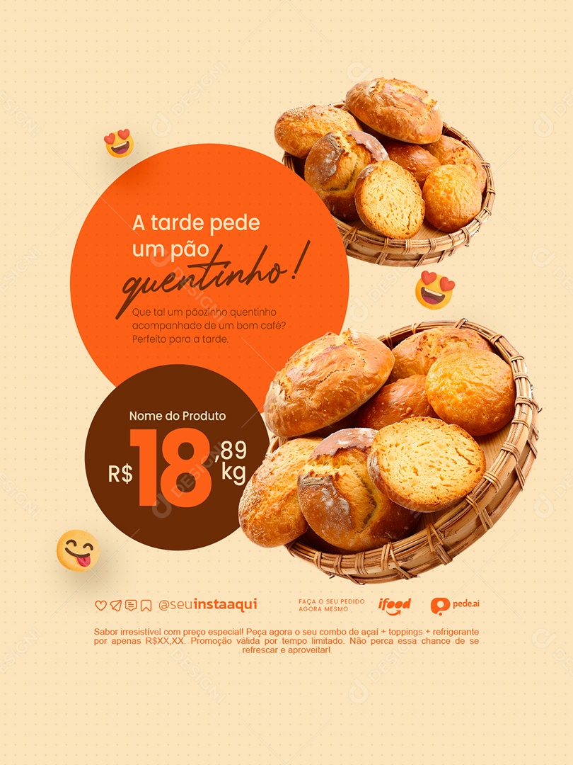Padaria A Tarde Pede um Pão Quentinho Social Media PSD Editável