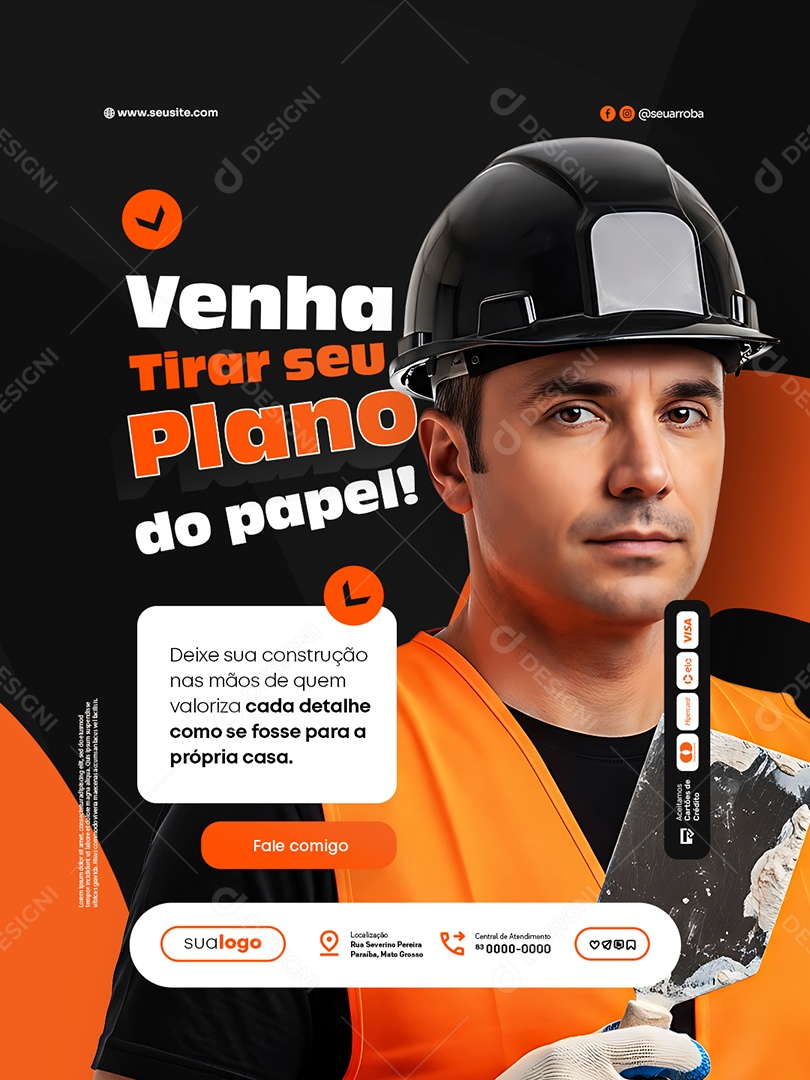 Pedreiro Venha Tirar seu Plano do Papel Social Media PSD Editável