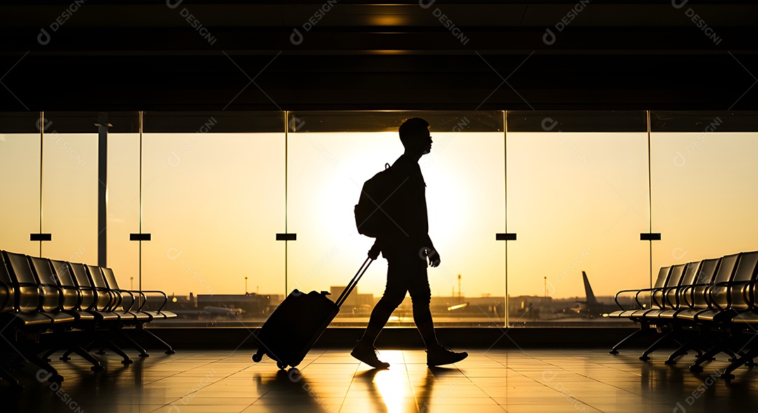 Imagem retrata uma pessoa com uma mala em um aeroporto ou terminal de passageiros
