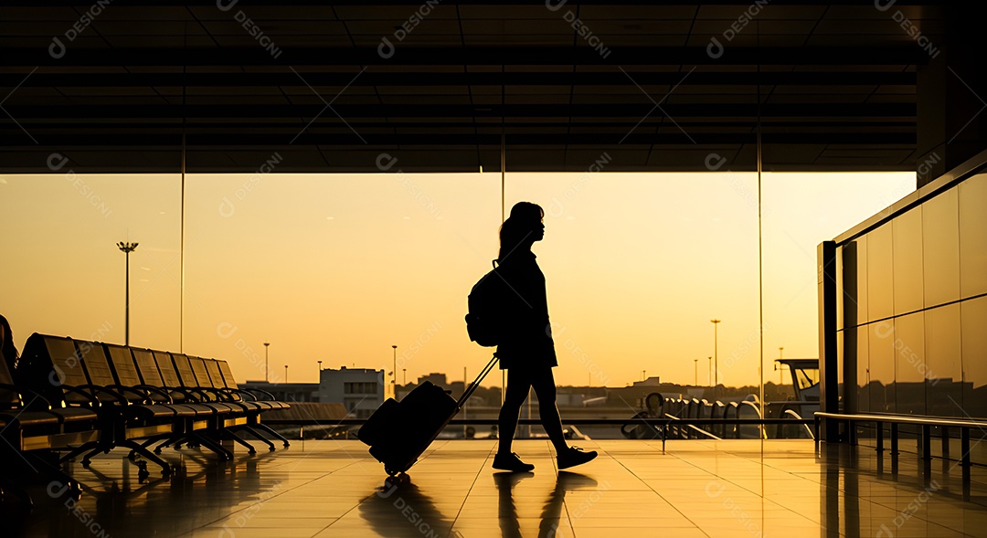 Imagem retrata uma pessoa com uma mala em um aeroporto ou terminal de passageiros