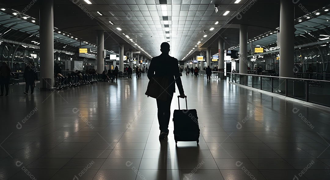 Imagem retrata uma pessoa com uma mala em um aeroporto ou terminal de passageiros