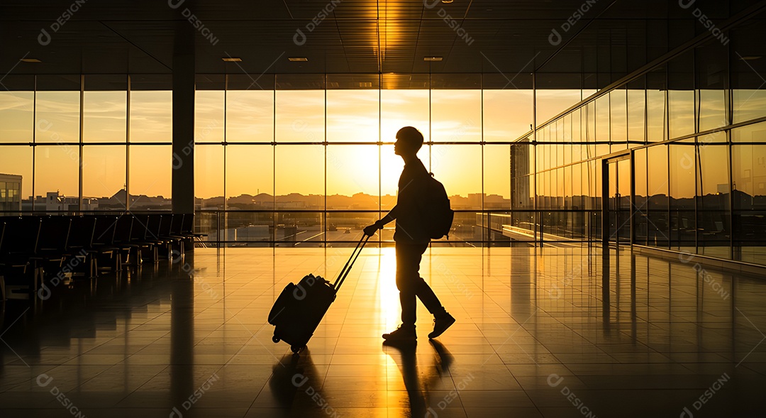 Imagem retrata uma pessoa com uma mala em um aeroporto ou terminal de passageiros