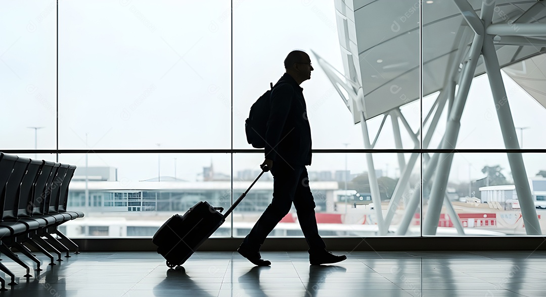 Imagem retrata uma pessoa com uma mala em um aeroporto ou terminal de passageiros