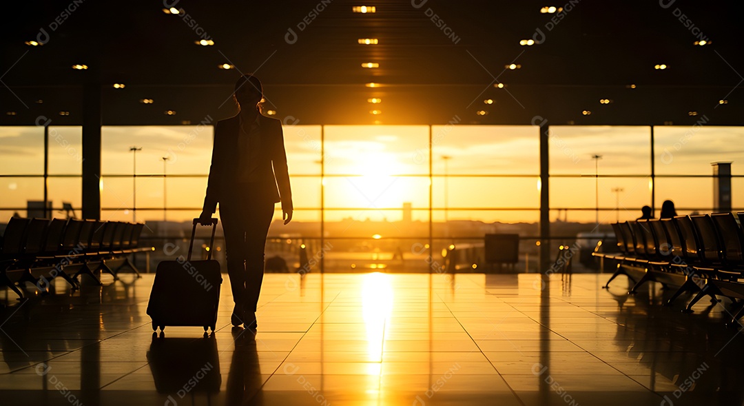 Imagem retrata uma pessoa com uma mala em um aeroporto ou terminal de passageiros
