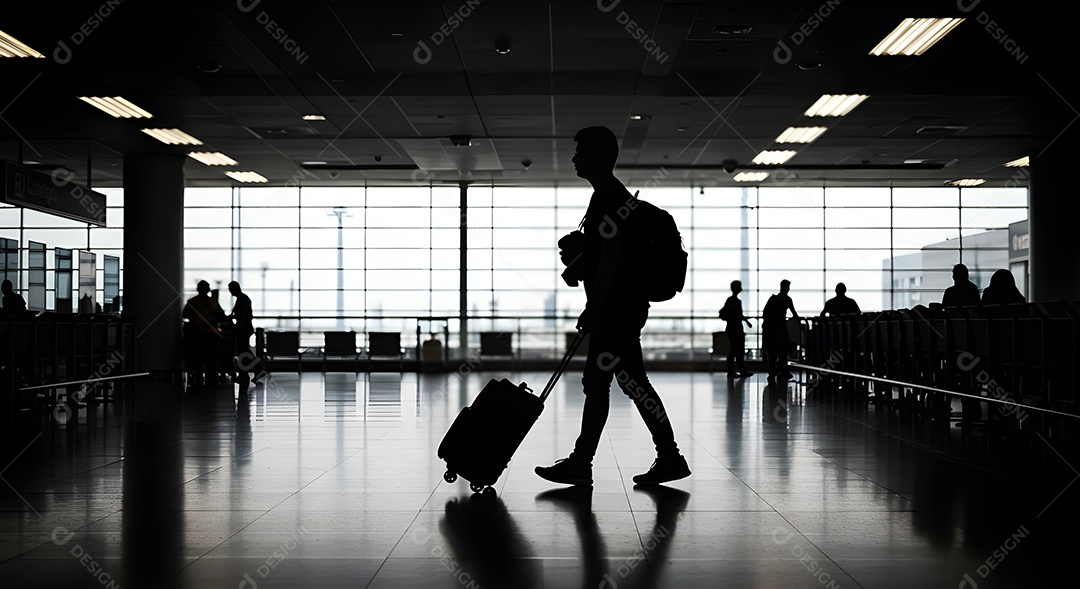 Imagem retrata uma pessoa com uma mala em um aeroporto ou terminal de passageiros