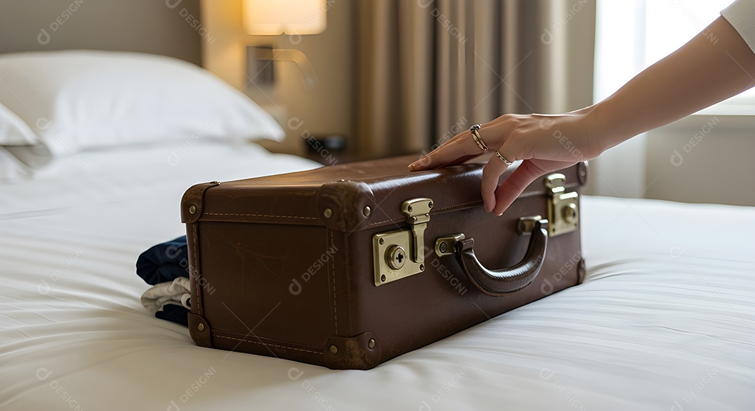 Imagem mostra uma pessoa fechando uma mala de viagem de casca rígida