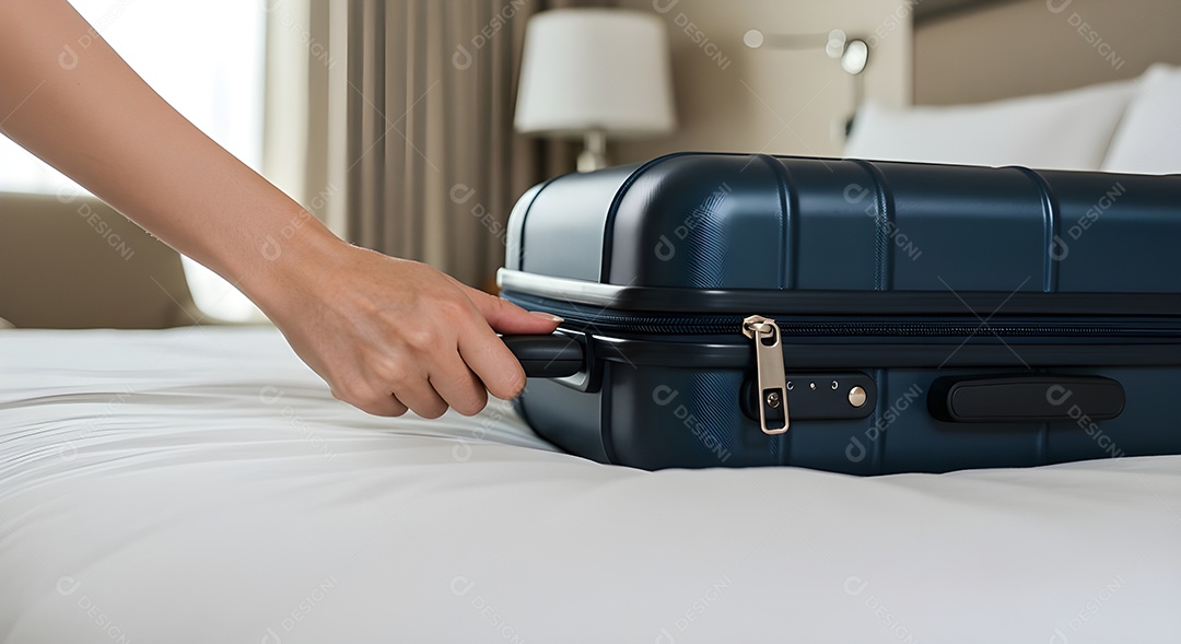 Imagem mostra uma pessoa fechando uma mala de viagem de casca rígida