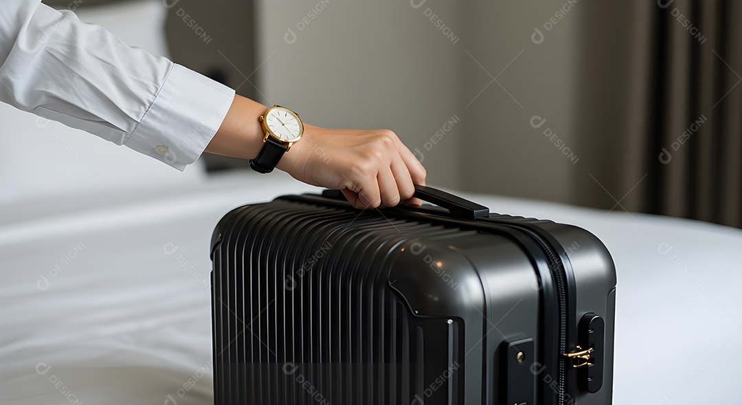 Imagem mostra uma pessoa fechando uma mala de viagem de casca rígida