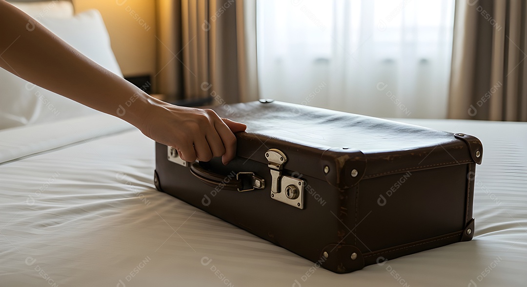 Imagem mostra uma pessoa fechando uma mala de viagem de casca rígida