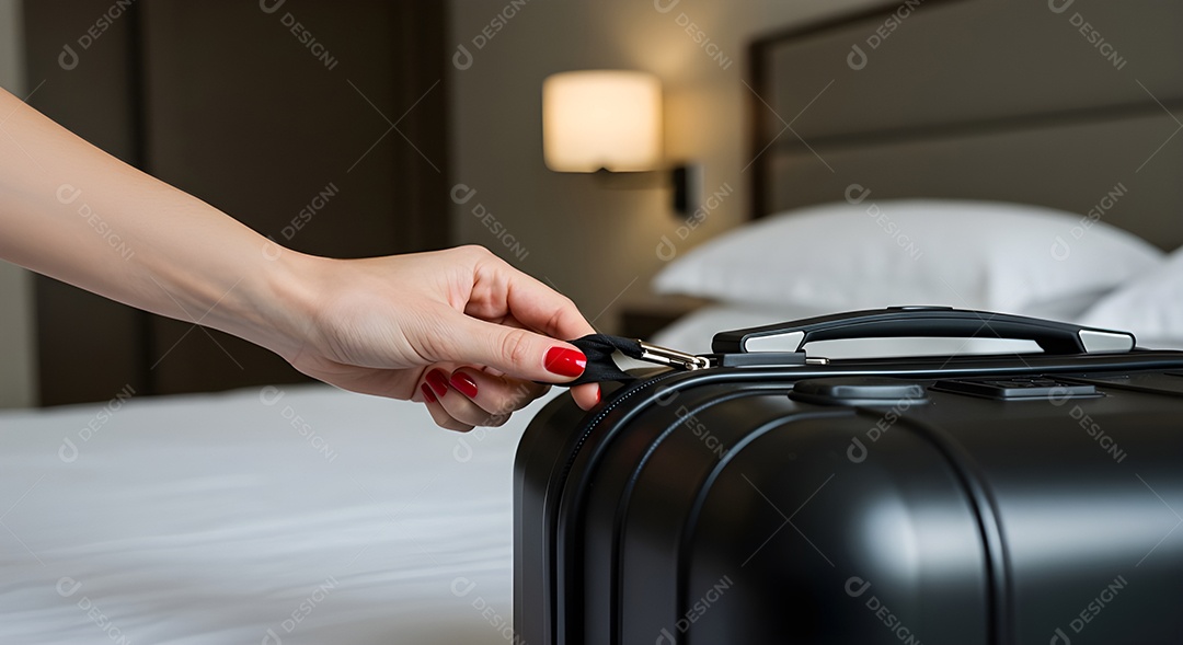 Imagem mostra uma pessoa fechando uma mala de viagem de casca rígida