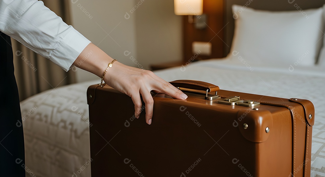 Imagem mostra uma pessoa fechando uma mala de viagem de casca rígida