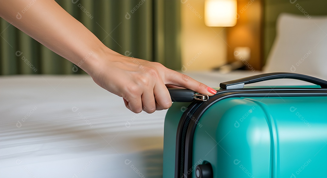 Imagem mostra uma pessoa fechando uma mala de viagem de casca rígida