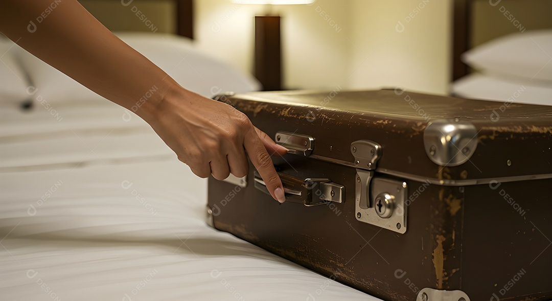 Imagem mostra uma pessoa fechando uma mala de viagem de casca rígida