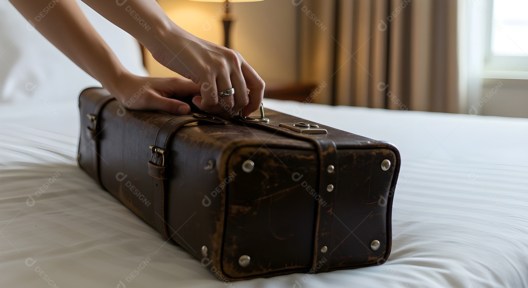 Imagem mostra uma pessoa fechando uma mala de viagem de casca rígida