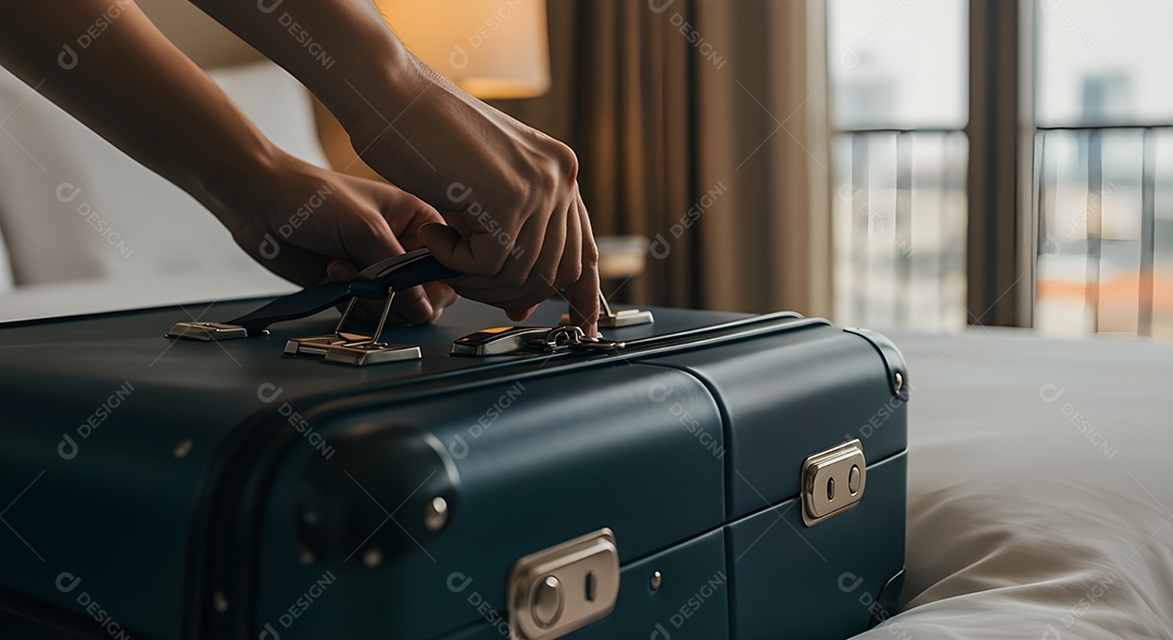 Imagem mostra uma pessoa fechando uma mala de viagem de casca rígida