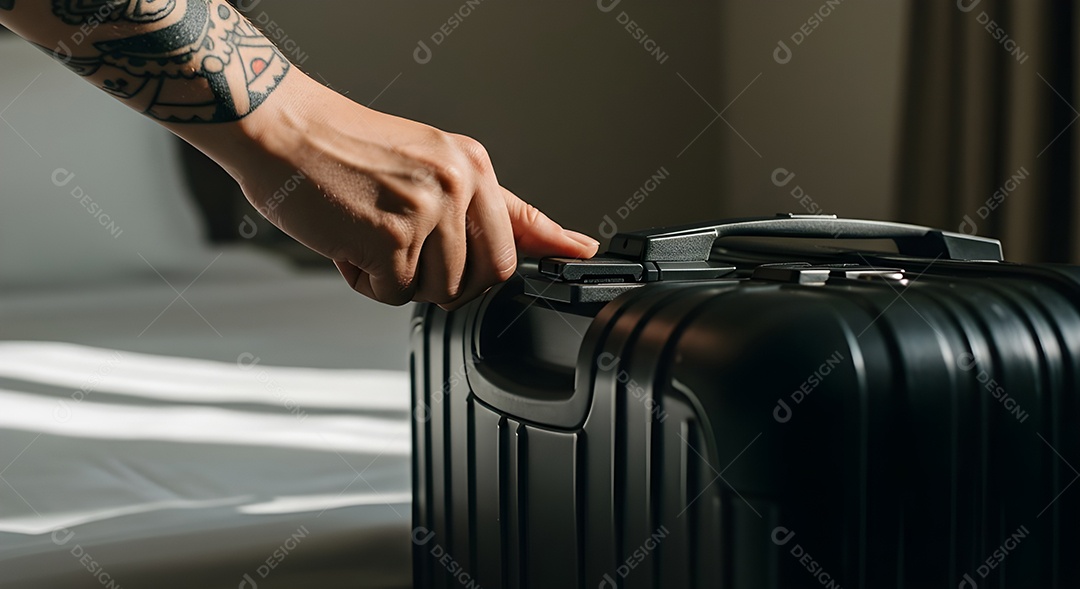 Imagem mostra uma pessoa fechando uma mala de viagem de casca rígida