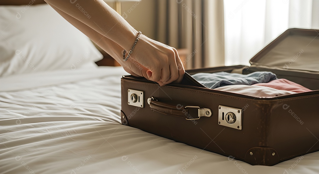 Imagem mostra uma pessoa fechando uma mala de viagem de casca rígida