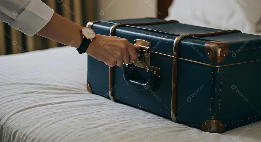 Imagem mostra uma pessoa fechando uma mala de viagem de casca rígida
