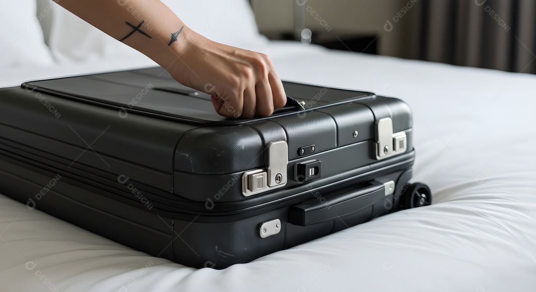 Imagem mostra uma pessoa fechando uma mala de viagem de casca rígida