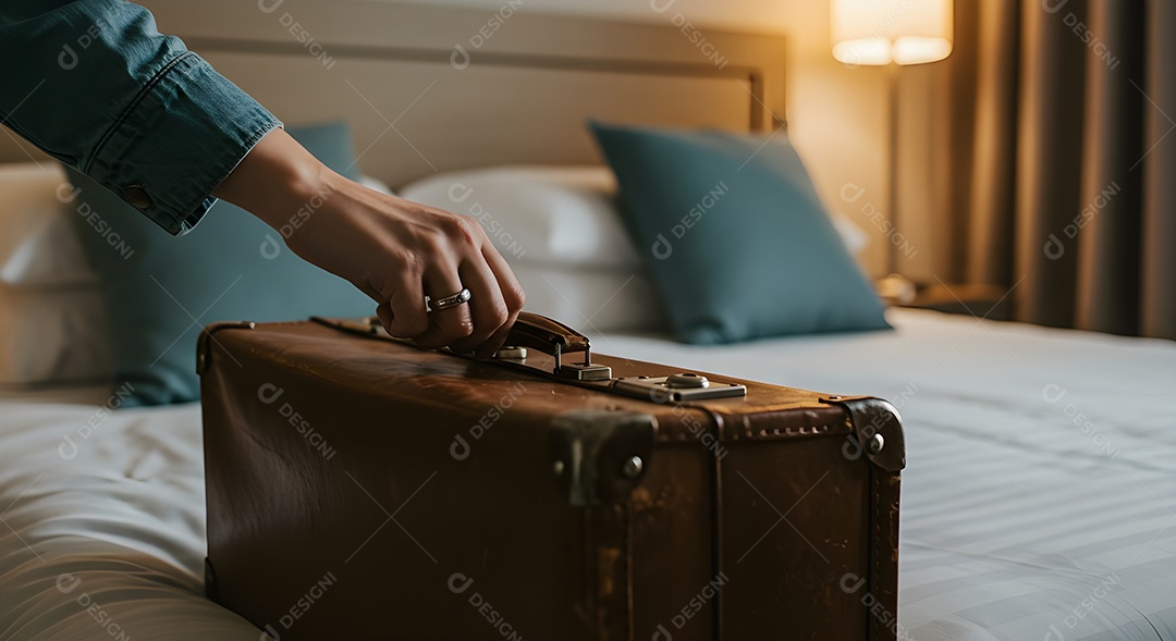 Imagem mostra uma pessoa fechando uma mala de viagem de casca rígida