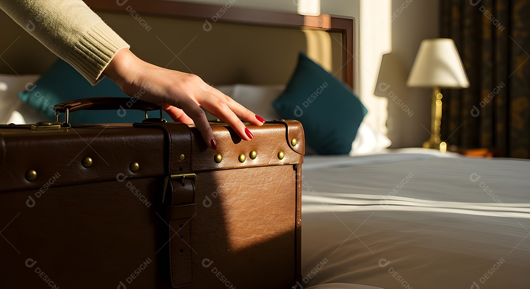 Imagem mostra uma pessoa fechando uma mala de viagem de casca rígida
