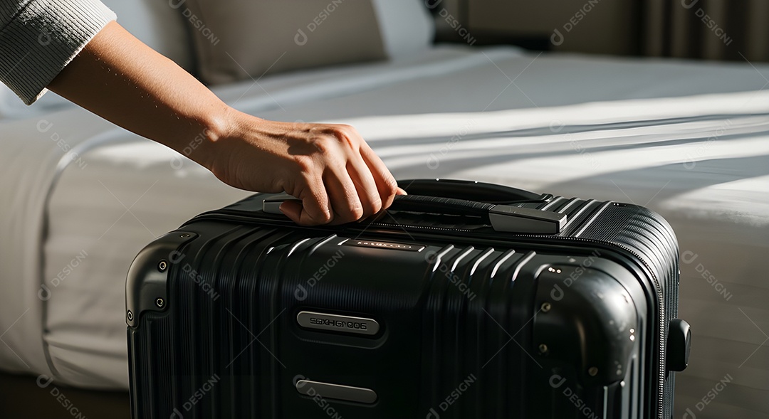 Imagem mostra uma pessoa fechando uma mala de viagem de casca rígida