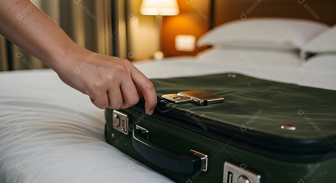 Imagem mostra uma pessoa fechando uma mala de viagem de casca rígida