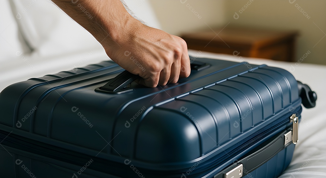 Imagem mostra uma pessoa fechando uma mala de viagem de casca rígida
