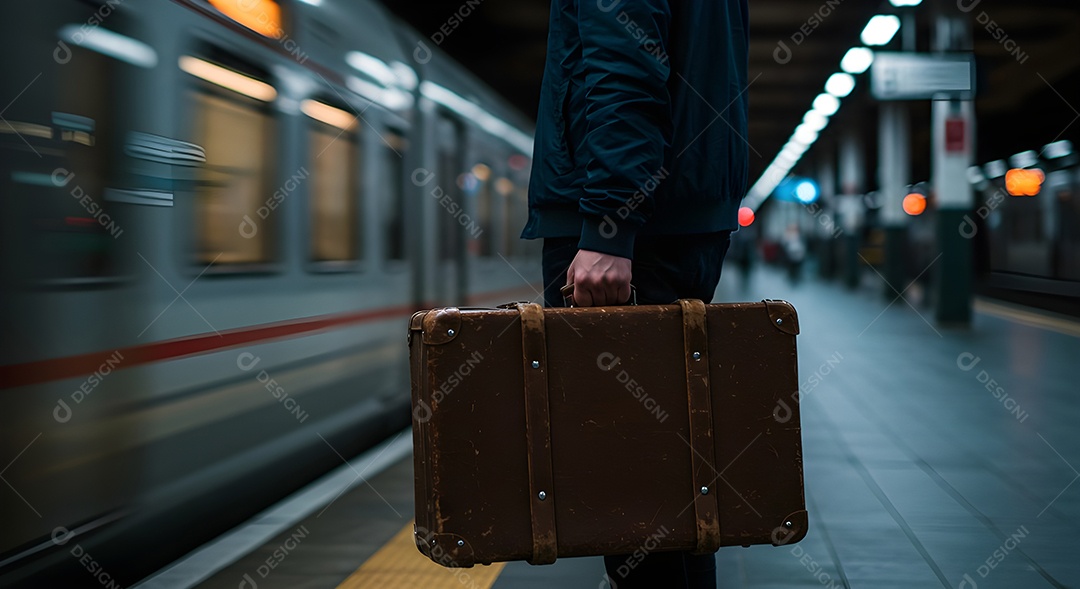 Imagem retrata uma pessoa em uma plataforma de metrô ou trem
