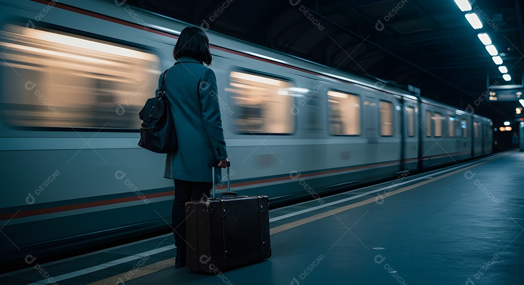 Imagem retrata uma pessoa em uma plataforma de metrô ou trem