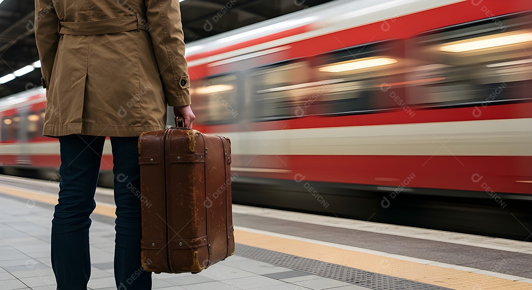 Imagem retrata uma pessoa em uma plataforma de metrô ou trem
