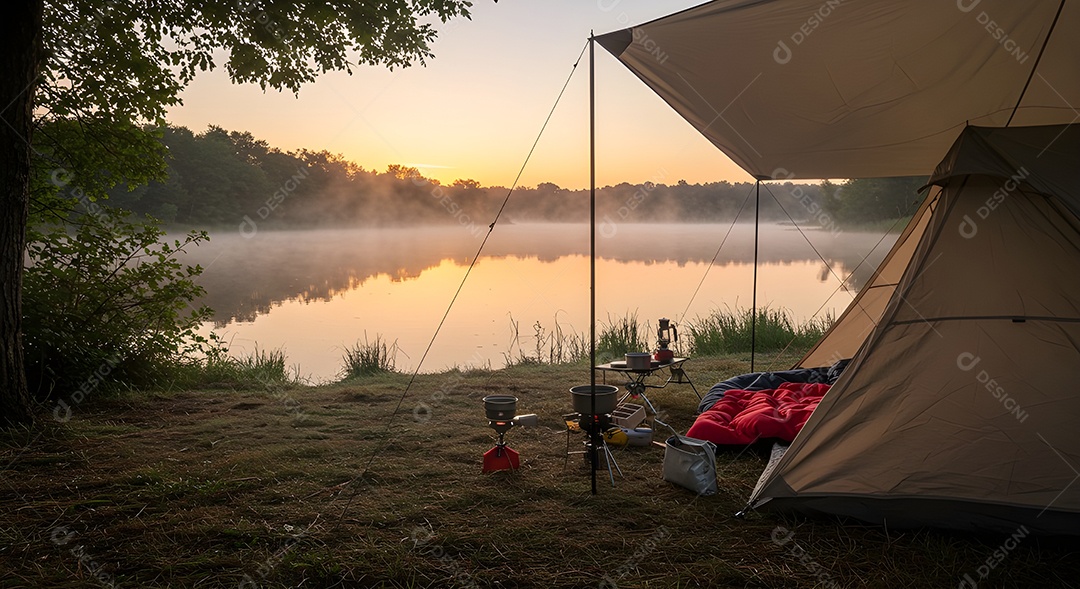 Retrato realista mostra uma barraca de camping montada à beira de um lago ou rio