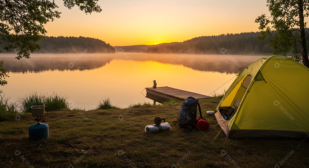 Retrato realista mostra uma barraca de camping montada à beira de um lago ou rio