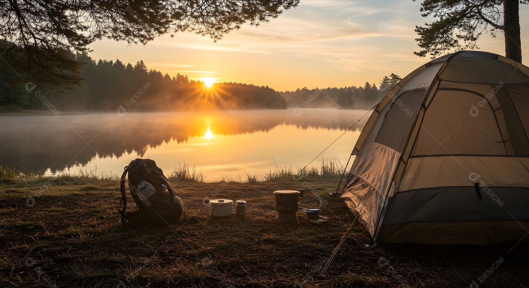 Retrato realista mostra uma barraca de camping montada à beira de um lago ou rio