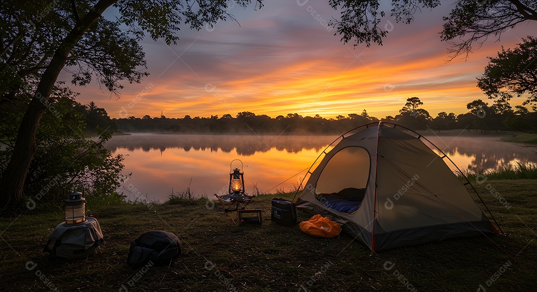 Retrato realista mostra uma barraca de camping montada à beira de um lago ou rio