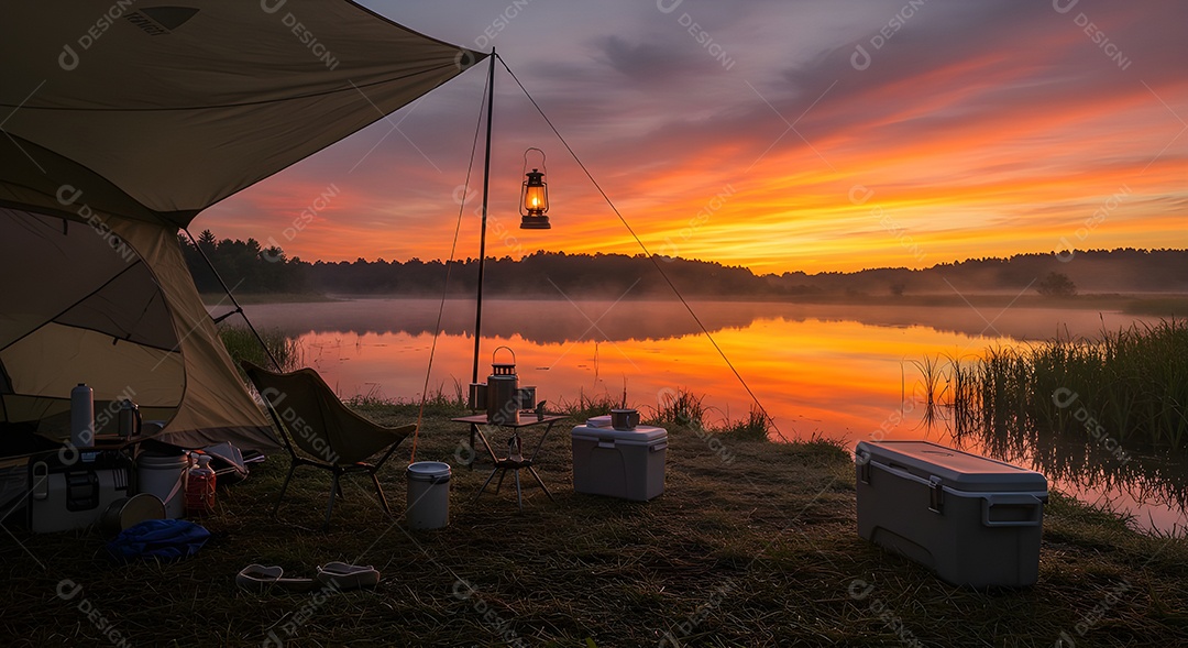 Retrato realista mostra uma barraca de camping montada à beira de um lago ou rio
